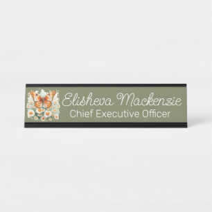 Butterfly Garden Orange Sage Green White Office Desk Name Plate
