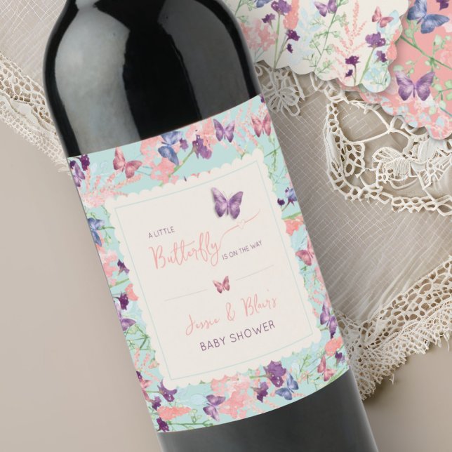 Butterfly Garden Pastel Wildflower Baby Shower  Wine Label (Creator Uploaded)