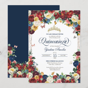 Butterfly Garden Royal Blue Red Floral Quinceanera Invitation
