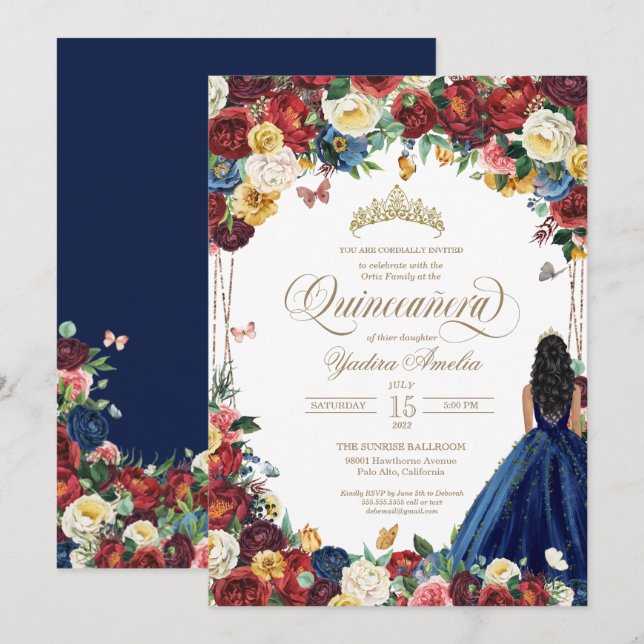 Butterfly Garden Royal Blue Red Floral Quinceanera Invitation (Front/Back)