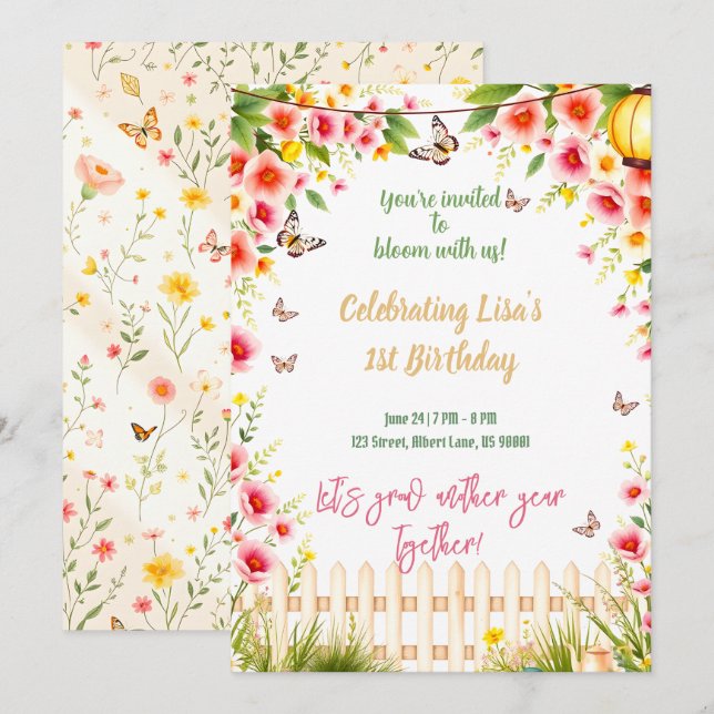 Butterfly Garden Tea Party Birthday Invitation (Front/Back)