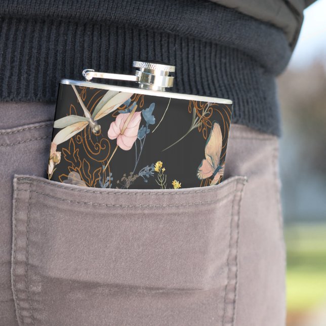 Butterfly Garden Wedding Black Hip Flask (In Situ)