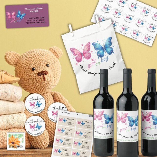 butterfly Gender Reveal Party Invitation Wine Label (Creator Uploaded)