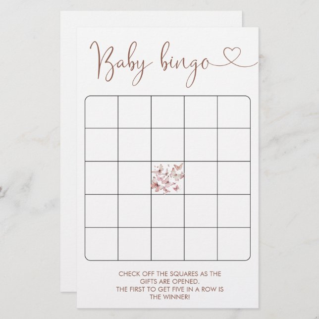Butterfly Girl Baby Shower Bingo Game (Front/Back)