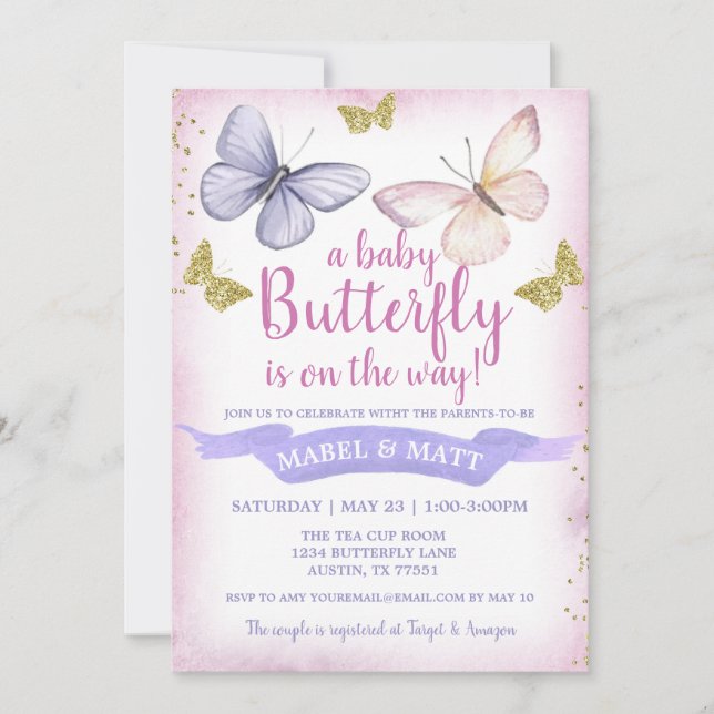 Butterfly Girl Baby Shower Invitation Pink Purple  (Front)