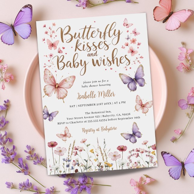 Butterfly Girl Baby Shower Purple Floral Pink  Invitation (Creator Uploaded)