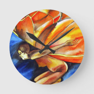 Butterfly girl surreal original fantasy art round clock