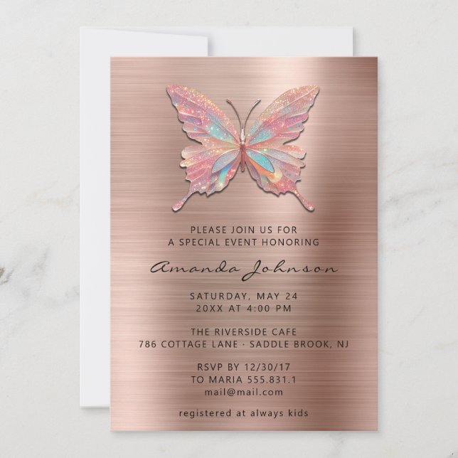 Butterfly Girl Sweet 16th Rose Royal Brushed Metal Invitation (Front)