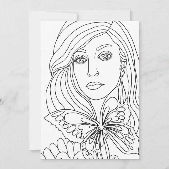 Butterfly Girl Womans face Colouring page Holiday Card (Front)