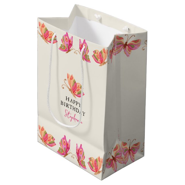 Butterfly Girls Birthday Party Medium Gift Bag (Front Angled)