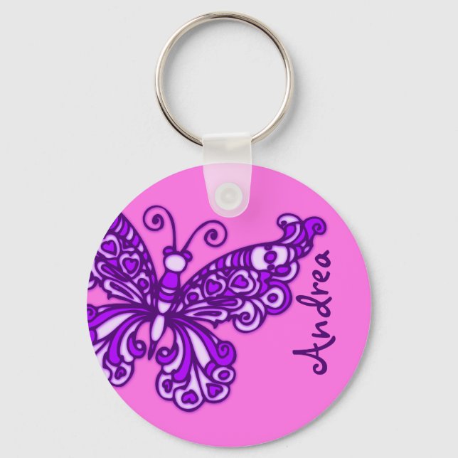 Butterfly girls pink and purple name keychain (Front)