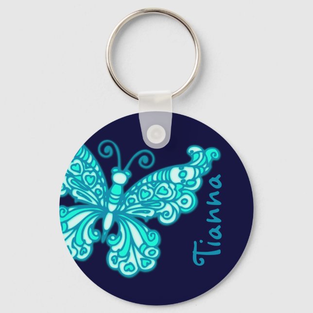 Butterfly girls purple blue sky name keychain (Front)