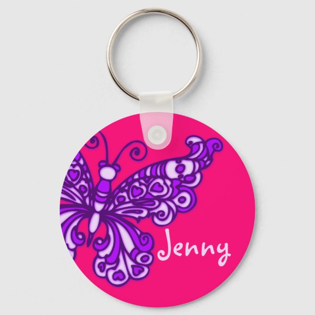 Butterfly girls purple pink name keychain (Front)