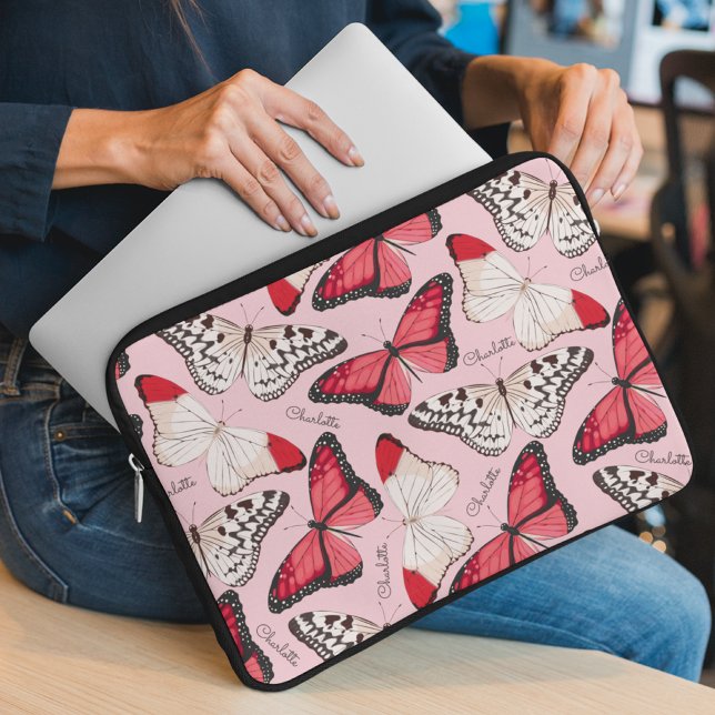 Butterfly Girly Chic Pattern Personalised Name Laptop Sleeve (Creator Uploaded)
