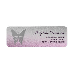 Butterfly Glitter Silver and Pink Return Address
