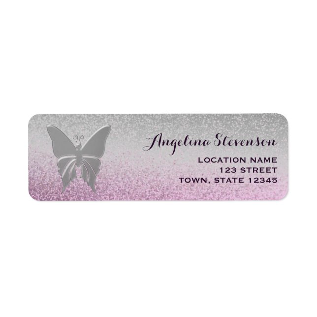 Butterfly Glitter Silver and Pink Return Address (Front)