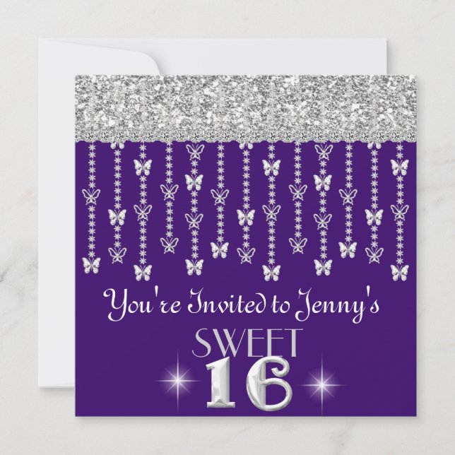 Butterfly GLITTER SWEET 16 DARK PURPLE Invitation (Front)