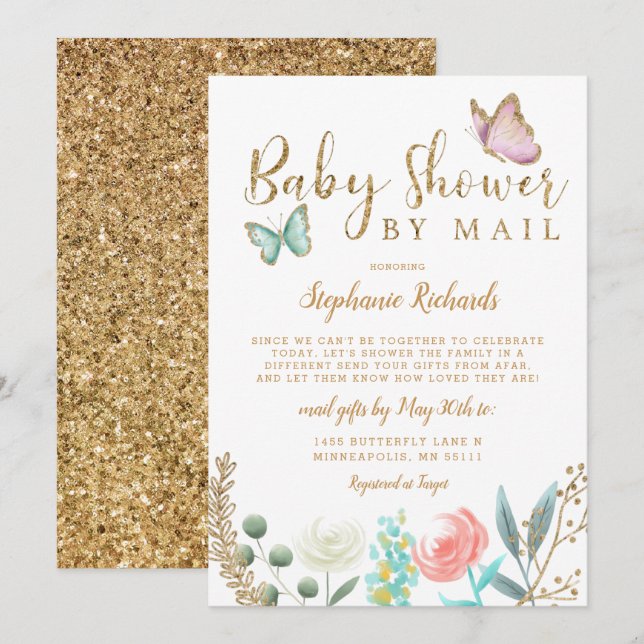 Butterfly Gold Baby Shower BY MAIL Invitation (Front/Back)