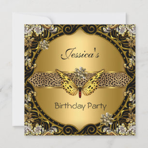 Butterfly Gold Black Leopard Birthday Party Invitation