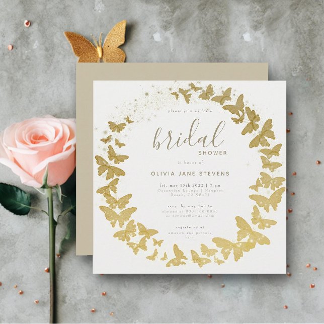 Butterfly Gold Elegant Boho Classic Bridal Shower Invitation (gold butterflies elegant bohemian modern romantic frame bridal shower invitation chic calligraphy)