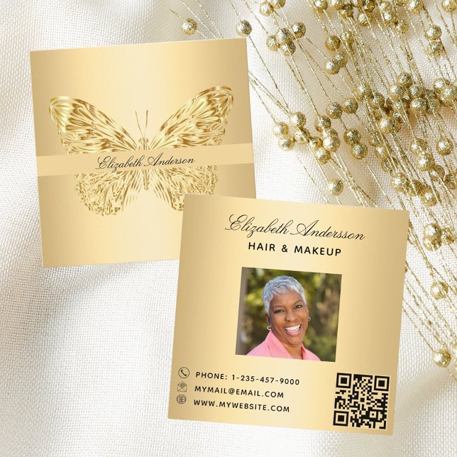 Butterfly gold QR code script photo Square Business Card (Creator Uploaded)