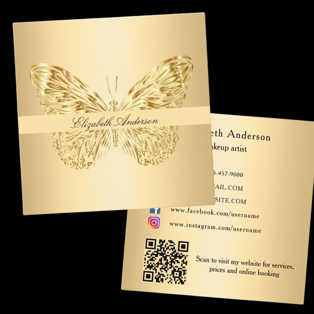Butterfly gold QR code Square Business Card (Creator Uploaded)
