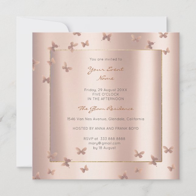 Butterfly Gray Oriental Blush Pearly Pink Rose Invitation (Front)