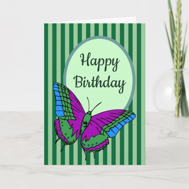 Butterfly & Green Striped Birthday Card (Front)
