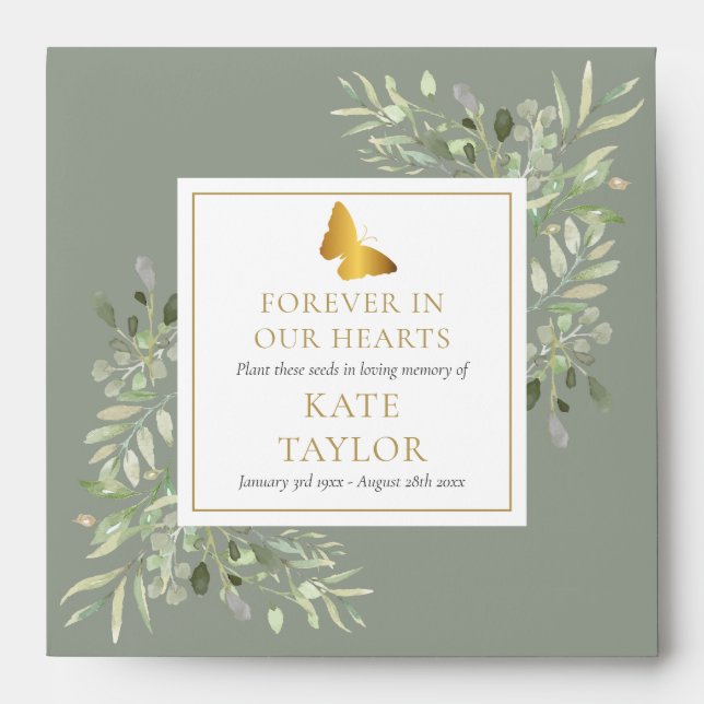 Butterfly Greenery Funeral Memorial Seed Packet Envelope (Front)