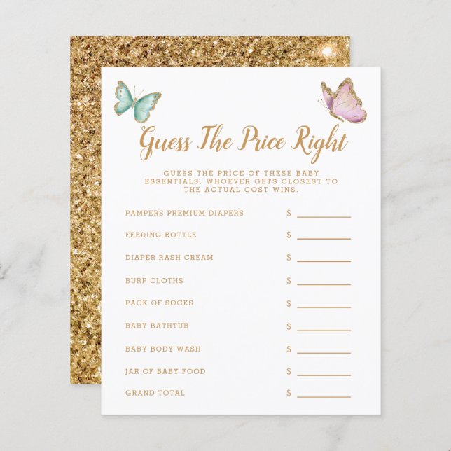 Butterfly Guess The Price Right Baby Shower Game (Front/Back)