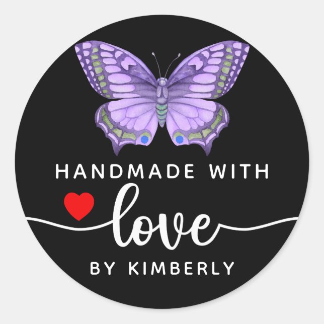 Butterfly Handmade with Love Black  Classic Round Sticker (Front)