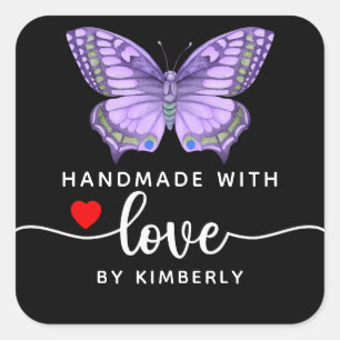Butterfly Handmade with Love Black Square Sticker