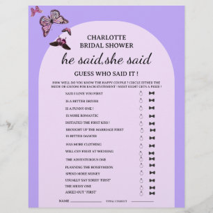 Butterfly He said She said Bridal Shower Game  Flyer