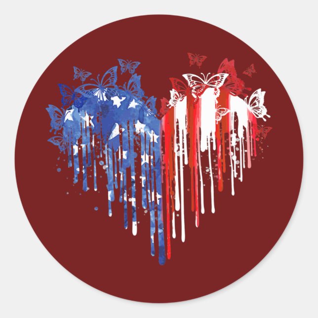Butterfly Heart American Flag 4th Of July Classic Round Sticker (Front)