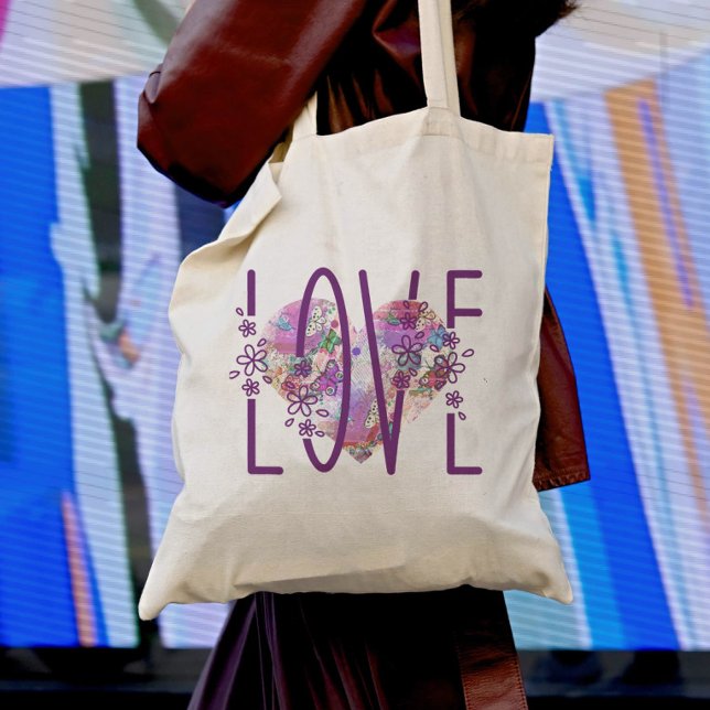 Butterfly Heart Floral Love Text Cute Purple Boho Tote Bag (Creator Uploaded)