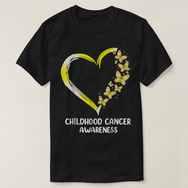 Butterfly Heart Gold Ribbon Childhood Cancer Aware T-Shirt (Design Front)