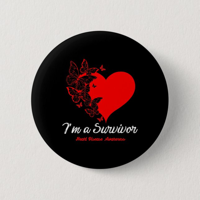 Butterfly Heart I'm A Survivor Heart Disease Aware 6 Cm Round Badge (Front)