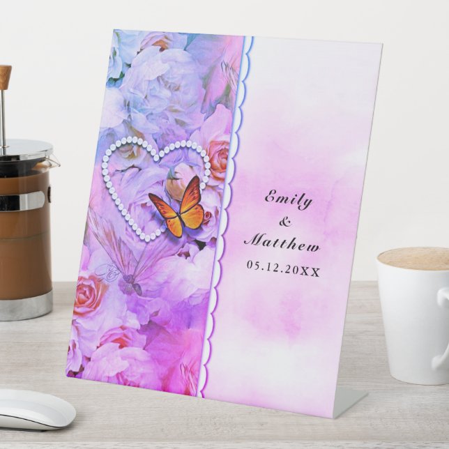 Butterfly Heart Pearls Floral Pink Rose Wedding Pedestal Sign (In SItu)