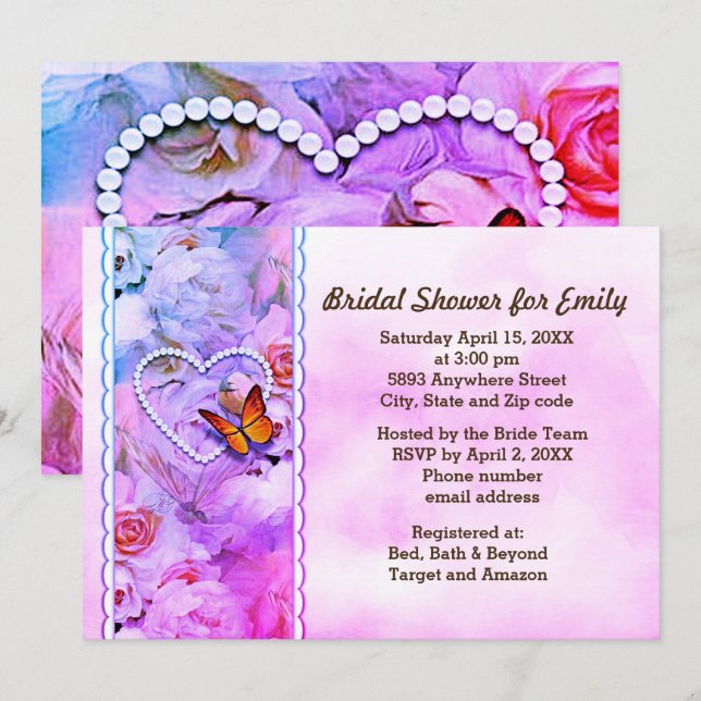 Butterfly Heart Pearls Pink Floral Bridal Shower Invitation (Front/Back)