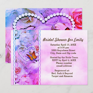 Butterfly Heart Pearls Pink Floral Bridal Shower Invitation