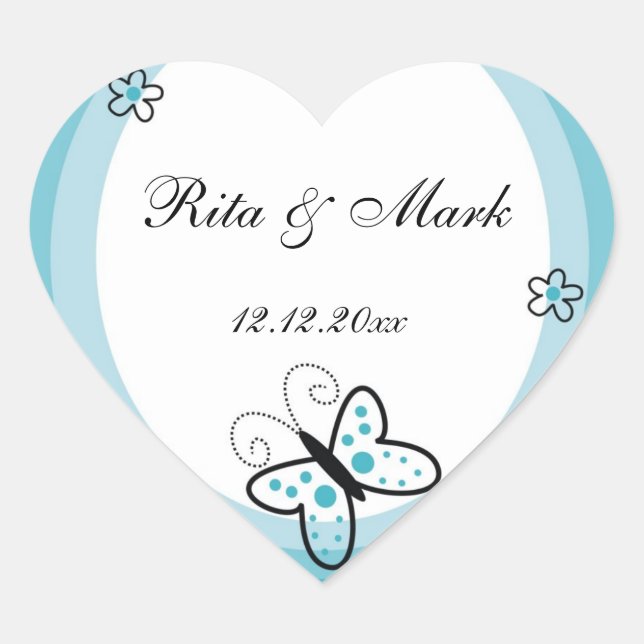 Butterfly Heart Wedding Favour Sticker::Blue Heart Sticker (Front)