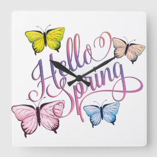 Butterfly Hello Spring Square Wall Clock