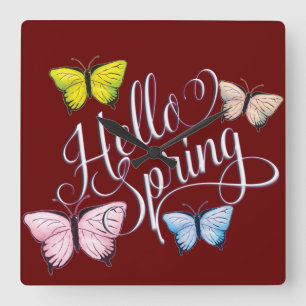 Butterfly Hello Spring Square Wall Clock