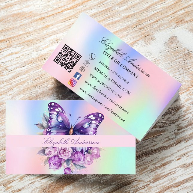 Butterfly holographic purple QR code social media Business Card (Creator Uploaded)