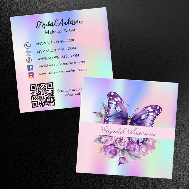 Butterfly holographic purple QR code social media Square Business Card (Creator Uploaded)