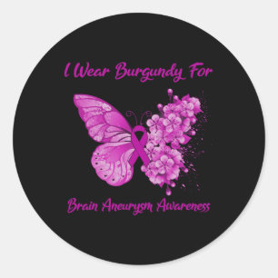 Butterfly I Wear Burgundy For Brain Aneurysm Aware Classic Round Sticker