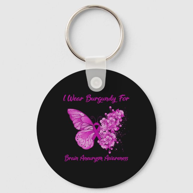 Butterfly I Wear Burgundy For Brain Aneurysm Aware Key Ring (Front)