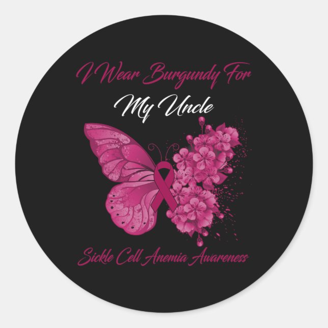 Butterfly I Wear Burgundy For My Uncle Sickle Cell Classic Round Sticker (Front)