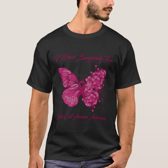 Butterfly I Wear Burgundy For Sickle Cell Anaemia  T-Shirt (Front)