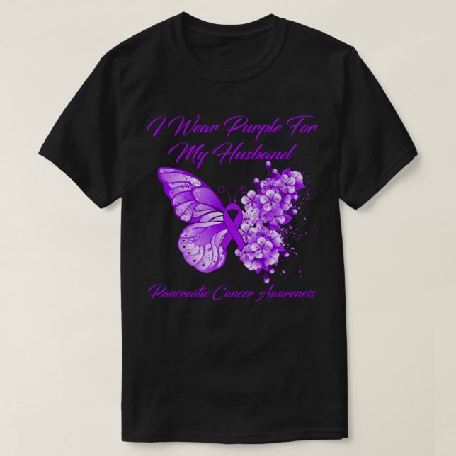 Butterfly I Wear Purple For My Husband Pancreatic  T-Shirt (Design Front)